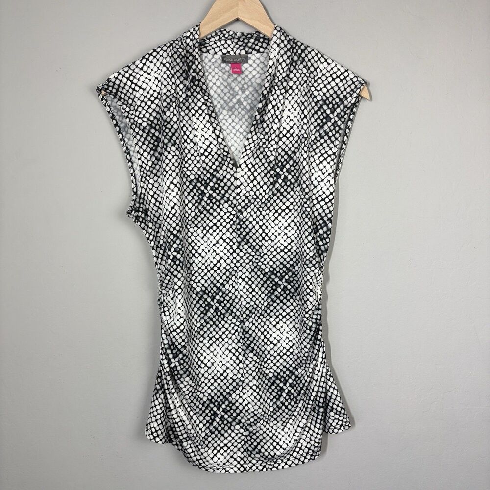 Vince Camuto VNeck Top Womens L White Black Snakeskin Side Ruched Office Siren
